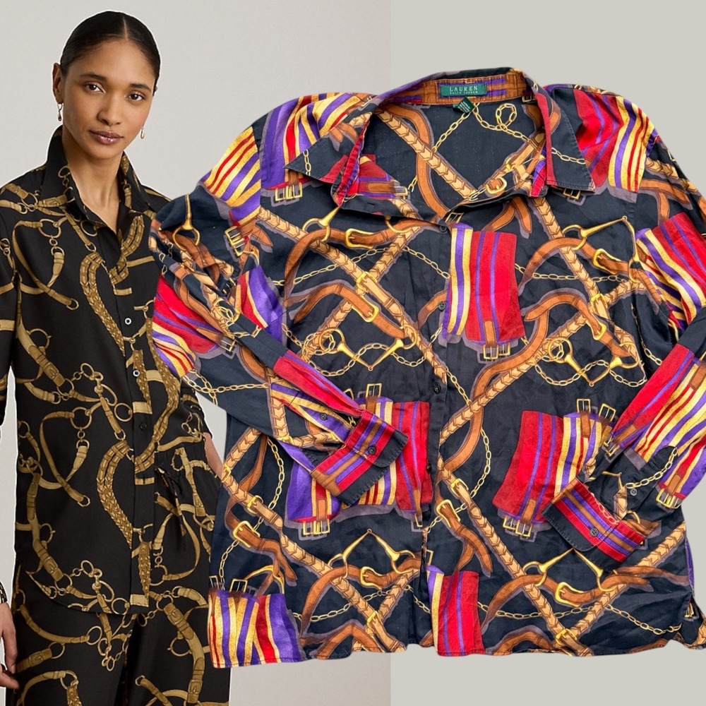 Lauren Ralph Lauren Blouse Equestrian Chain Stripe Black Multicolor L XL